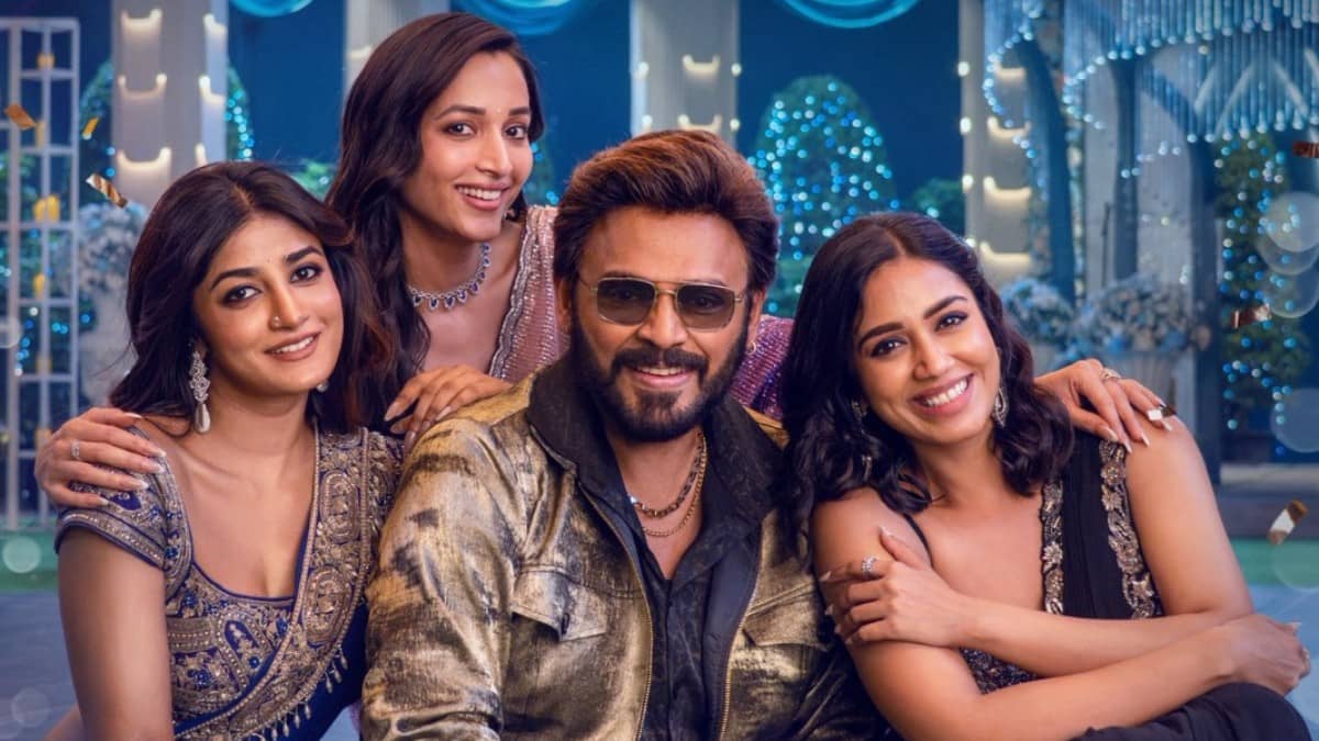 Venkatesh with Srinidhi Shetty, Nivetha Pethuraj and Dimple Hayathi in the Aadarsha Kutumbam Narayanamma song announcement