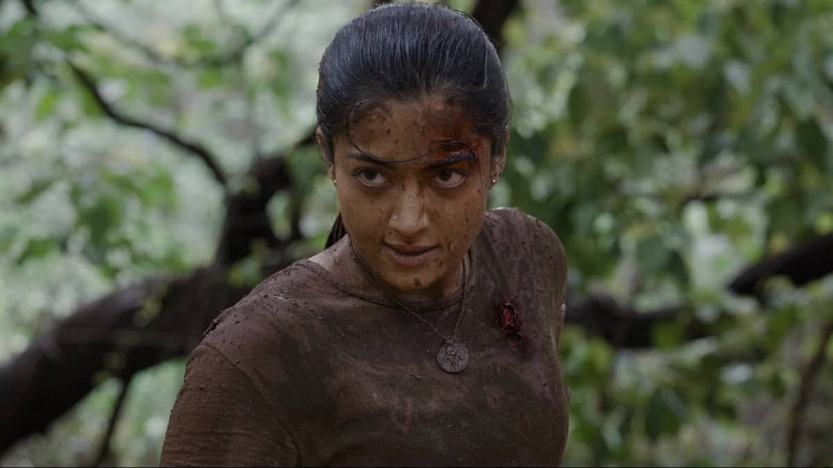 Rashmika Mandanna in a fierce, rugged tribal avatar holding a weapon from the movie Mysaa.