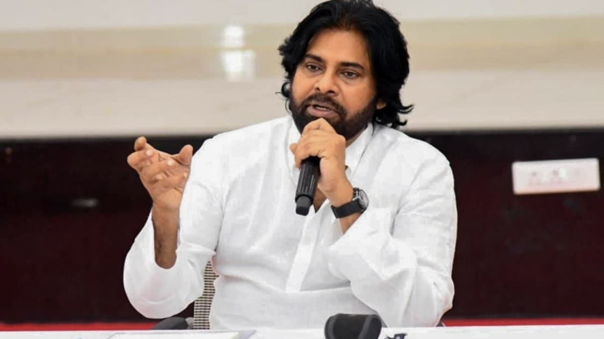 JanaSena Party Chief and Deputy Chief Minister Pawan Kalyan addressing a political review meeting in Andhra Pradesh.